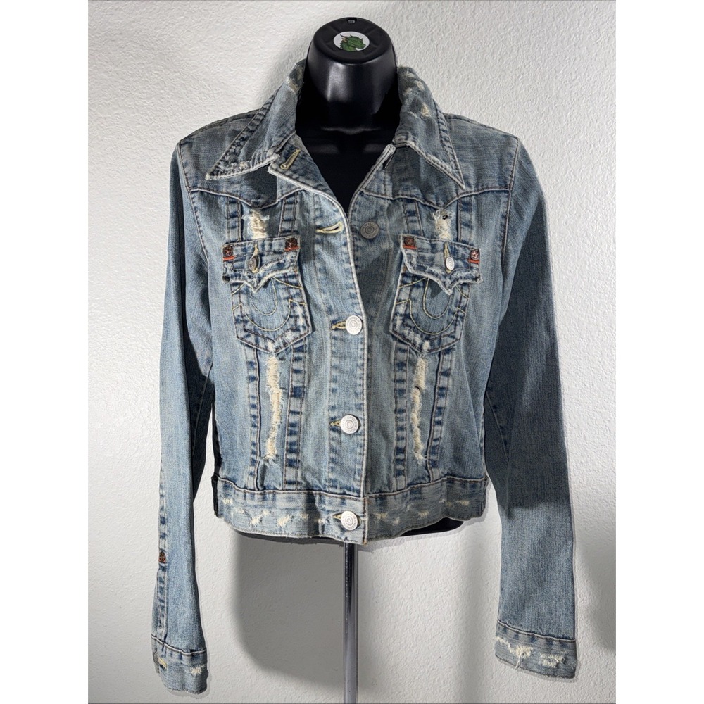 Vintage True Religion Jimmy Denim Trucker Jacket Womens Medium Distressed Y2K
